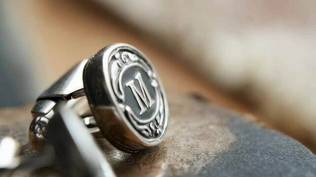 Elegant silver cufflinks rotation: closeup detail with refined craftsmanship and design