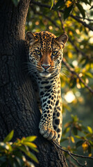 Obraz premium Alert Leopard with Direct Gaze Perched on Tree Trunk in Natural Habitat 