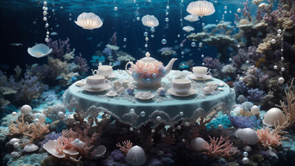 An underwater tea party illustration shows a round table with tea cups and pot. Jellyfish float above a colorful coral reef in this digital image.