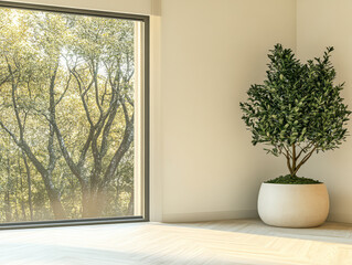 Fototapeta premium Modern interior with a large window showcasing lush greenery outside
