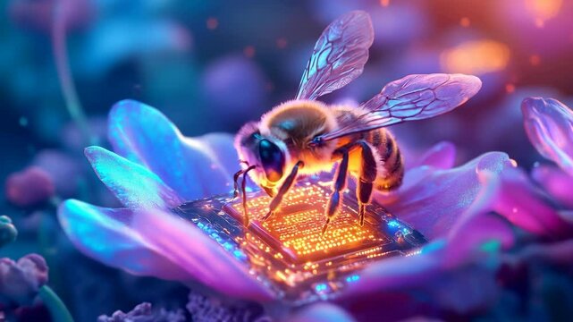 Honeybee Explores Glowing Microchip Nestled in a Vibrant Neon Flower