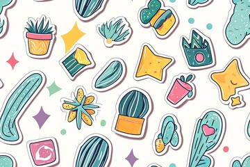 Fun retro cartoon sticker seamless pattern set.