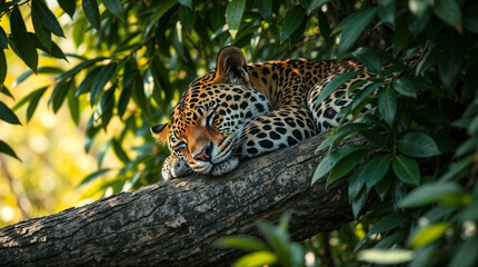 Fototapeta premium Peaceful Leopard Resting Serenely Among Lush Green Foliage 