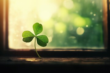Green clover sprout growing beside window with sunlight streaming in