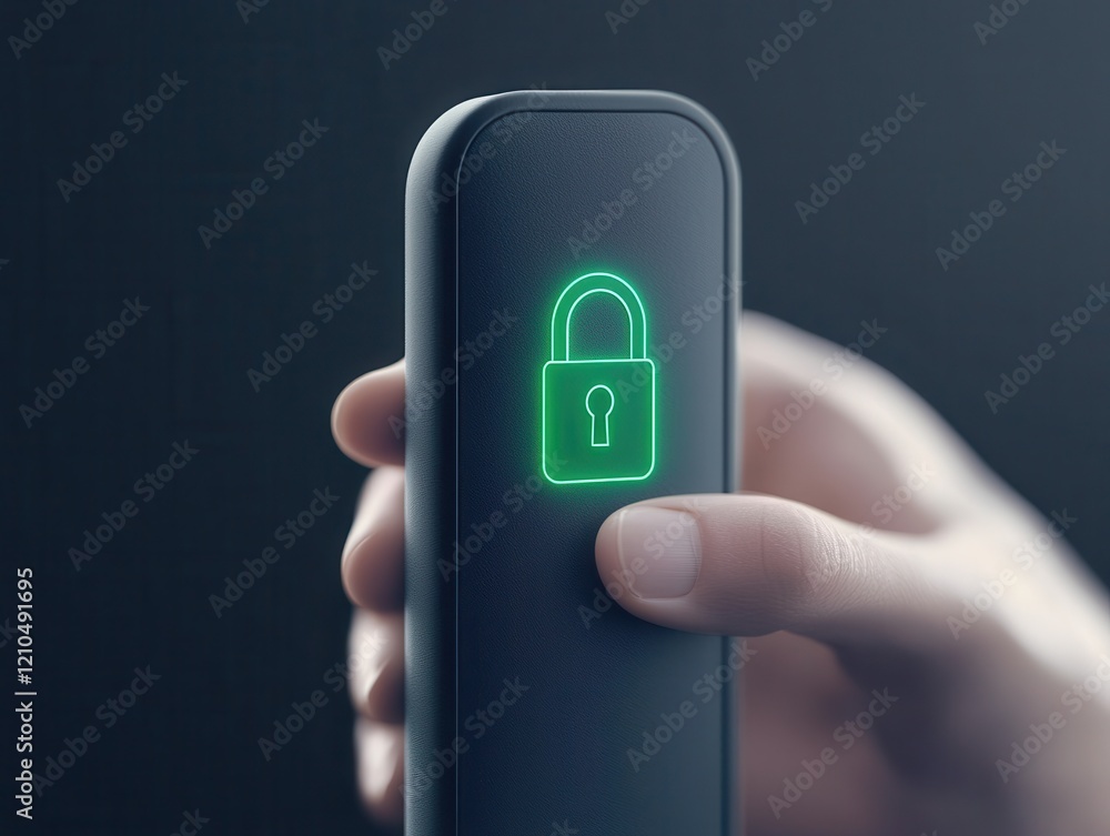 Poster cybersecurity network security concept. hand pressing a digital lock button with a glowing green pad