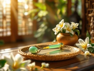 Obraz premium Jade roller on bamboo plate with frangipani flowers in sunlit room