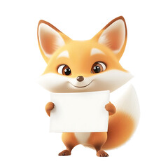 Adorable Fox Holding Blank Sign: A cute, cartoon-style 3D render of a friendly fox holding a blank white sign, perfect for adding your own message or branding. 