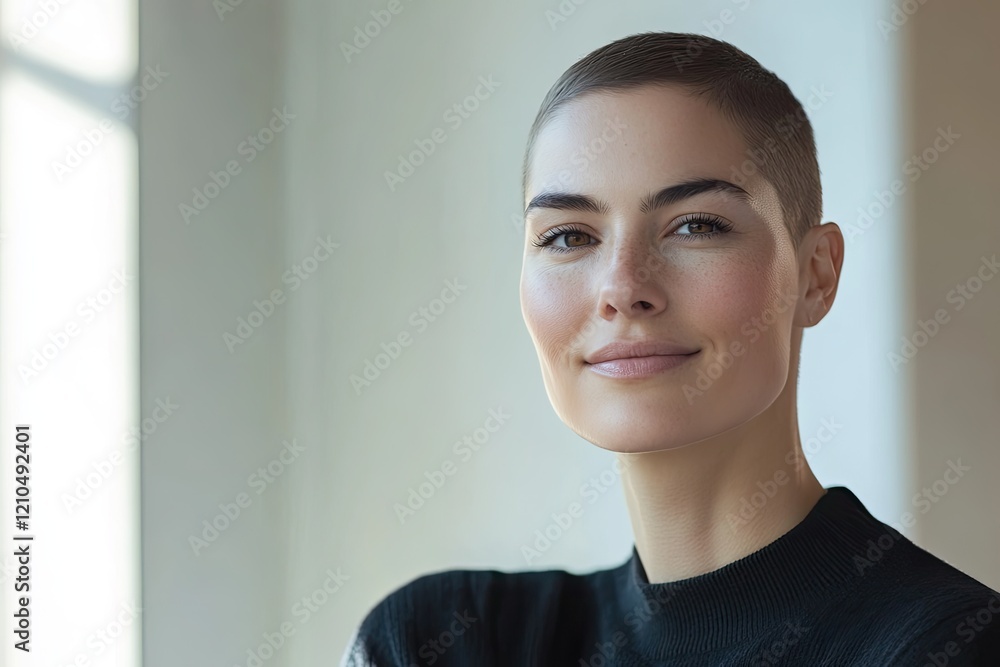 Poster portrait of person in minimalistic style with blurred background ample copy space for text capturing