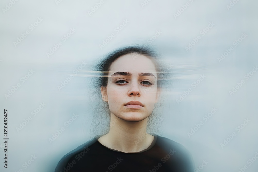 Poster portrait of person with serene expression surrounded by minimalist blurred background showcasing str