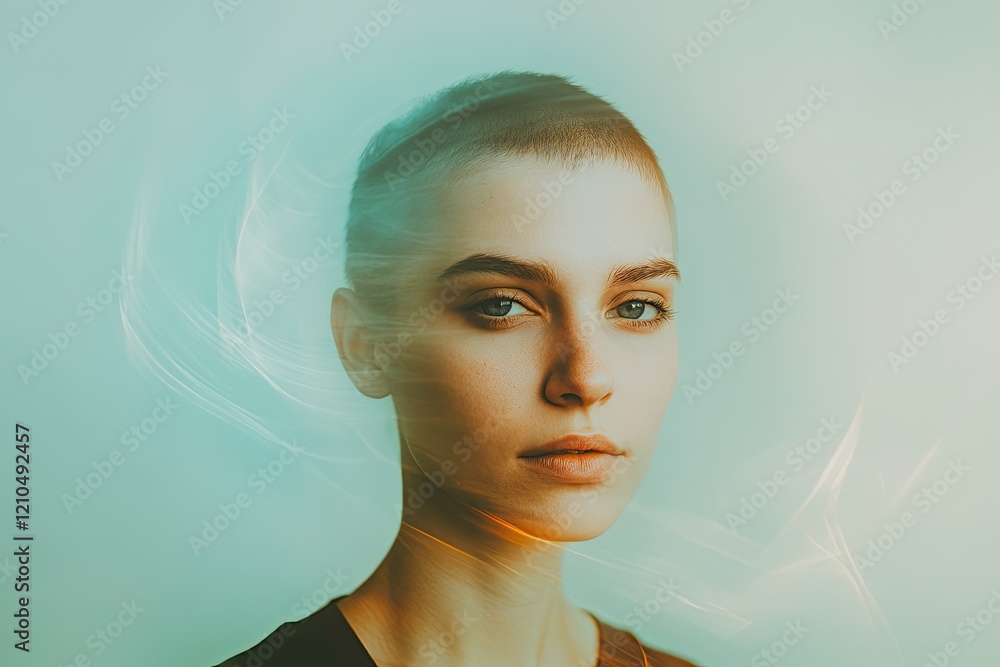 Poster portrait of person with serene expression surrounded by minimalist blurred background showcasing str