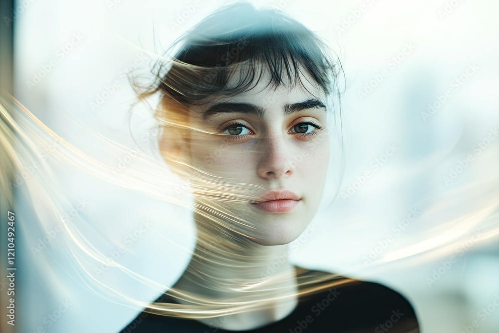Poster portrait of person with serene expression surrounded by minimalist blurred background showcasing str