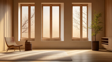 Elegant interior with wooden windows and natural light in a modern space