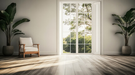 Obraz premium Bright interior space with large windows and plants bringing nature indoors