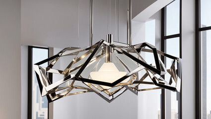 A chrome modern pendant light fixture hangs against a blurred white background with windows. The unique frame surrounds a frosted glass globe at the center.