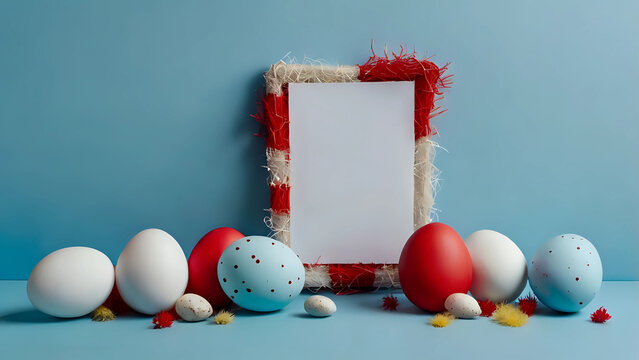 Easter banner with a blank sheet of paper and Easter red and white eggs on a bright blue background. - Powered by Adobe