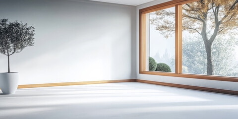 Bright and spacious room with large window showcasing a serene outdoor landscape