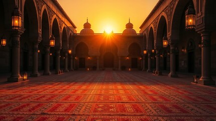 Warm Sunlit Interior Courtyard with Red Prayer Carpet and Illuminated Lanterns

