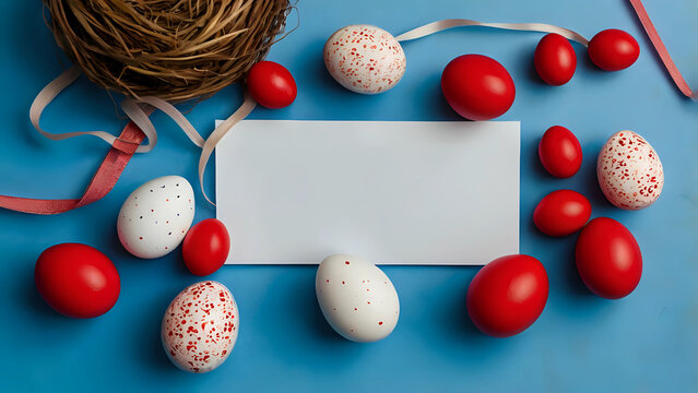 Easter banner with a blank sheet of paper and Easter red and white eggs on a bright blue background.
