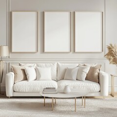 Empty poster frames on the wall of living room interior with white velvet sofa, table and lamp.