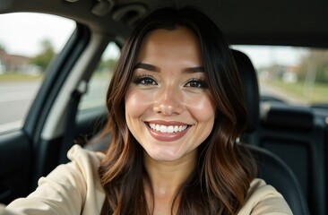 beautiful  girl in a car with a snow-white smile with makeup in mocha mousse color close-up
