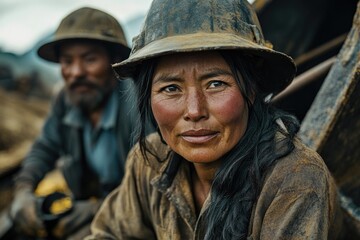 Fototapeta premium portrait of people engaged in gold mining activities capturing their expressions and determination under soft natural
