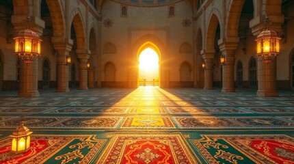 Obraz premium Radiant Mosque Interior with Sunlit Arches, Prayer Rugs and Ornate Hanging Lanterns 