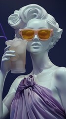 Statue with orange sunglasses holding a soft drink