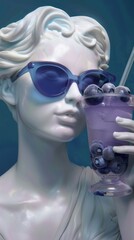 Modern marble statue sipping blueberry cocktail cool.