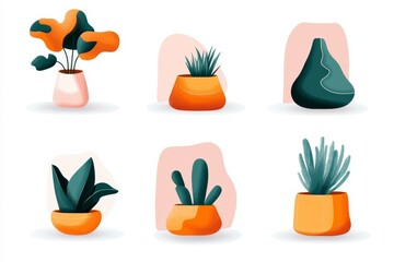 Decorative indoor plants in modern pots arranged in a stylish layout on a bright background