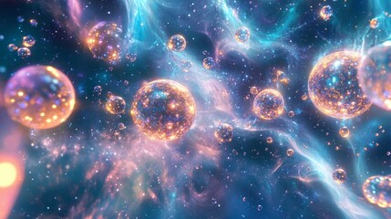 Obraz premium Floating cosmic particles in deep blue space, vibrant and luxurious, abstract and magical, soft light and reflections, high detail and peaceful atmosphere