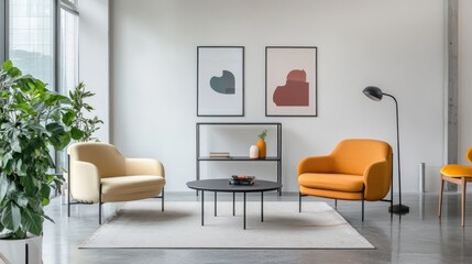 Minimalist interior design with mock poster frames, living room, white walls, and a pastel light yellow armchair.