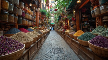 In Marrakech, a lively market street showcases a vibrant array of spices and textiles