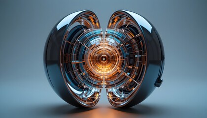 A futuristic orb split in half, revealing an intricate, glowing mechanical core, The inner mechanism radiates gradients of orange and cyan, contrasting against the polished chrome exterior.