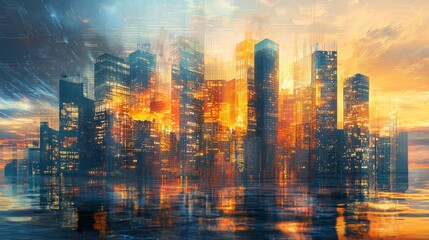 A modern cityscape featuring sleek glass skyscrapers reflecting warm golden light against a vibrant evening sky