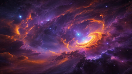 A swirling purple and orange nebula fills the frame, with bright stars visible throughout. This digital illustration is being submitted as content to Adobe Stock.