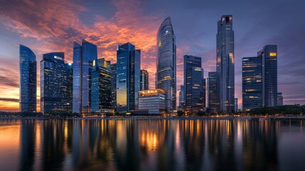 Fototapeta premium A modern cityscape featuring sleek glass skyscrapers reflecting warm golden light against a vibrant evening sky