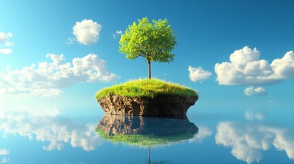 Floating island with a small tree and grass, magical and surreal, vibrant blue sky, highly detailed, whimsical and imaginative