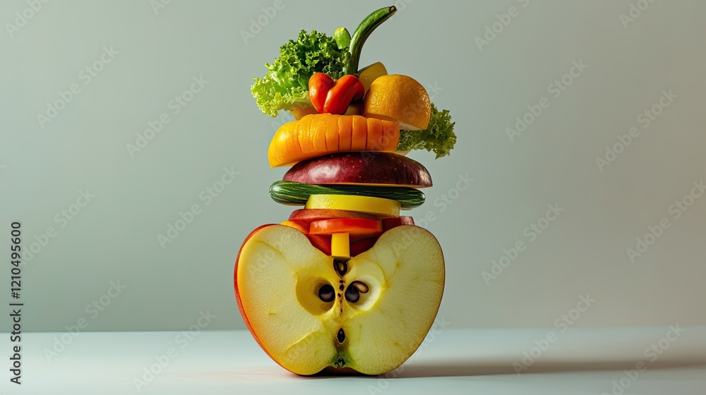 Aufkleber surreal visualization of sliced transforming into stack of varied fruits and vegetables highlighting