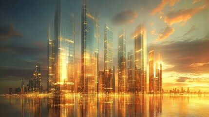A modern cityscape featuring sleek glass skyscrapers reflecting warm golden light against a vibrant evening sky