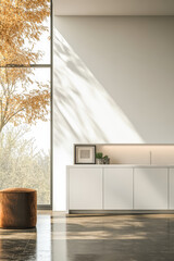 Modern interior design with natural light and autumn foliage in a serene setting