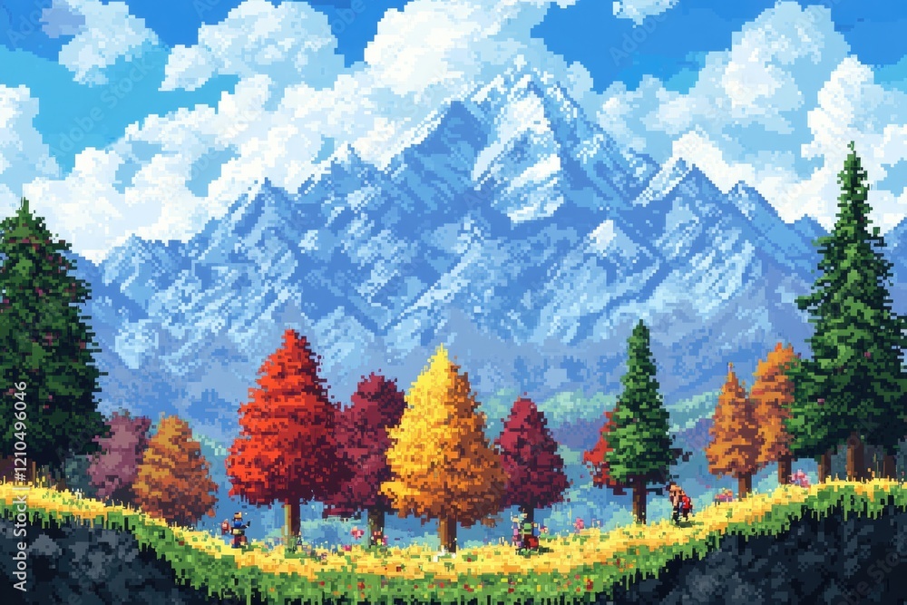 Poster vibrant pixel art landscape filled with retro elements showcasing colorful trees and mountains featu