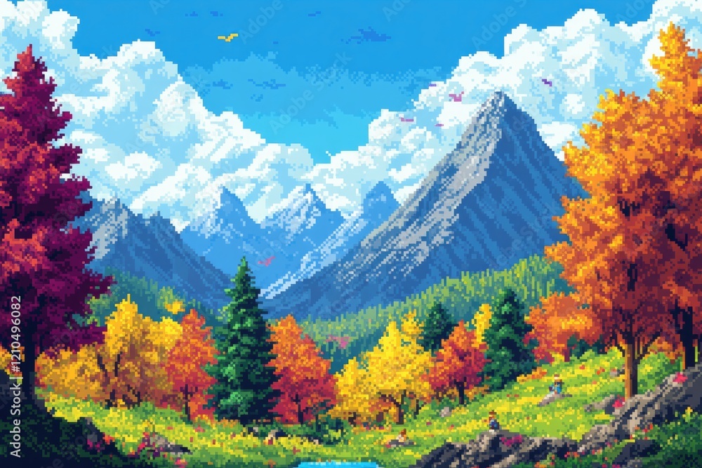 Poster vibrant pixel art landscape filled with retro elements showcasing colorful trees and mountains featu