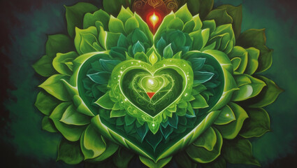 A vibrant illustration of a heart composed of layered green leaves with a red gem at the center, reminiscent of plant-based chakra symbolism. This image is marked as being generated using AI generativ