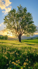 Serene Sunset Landscape with Flourishing Tree and Blossoming Meadow : Generative AI