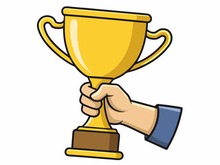 3d Hand holding a champion trophy cup winner success champion icon on isolated white background. Achievement award, champion 1st winner award concept. Minimal Gold Trophy victory cup award. 3d render