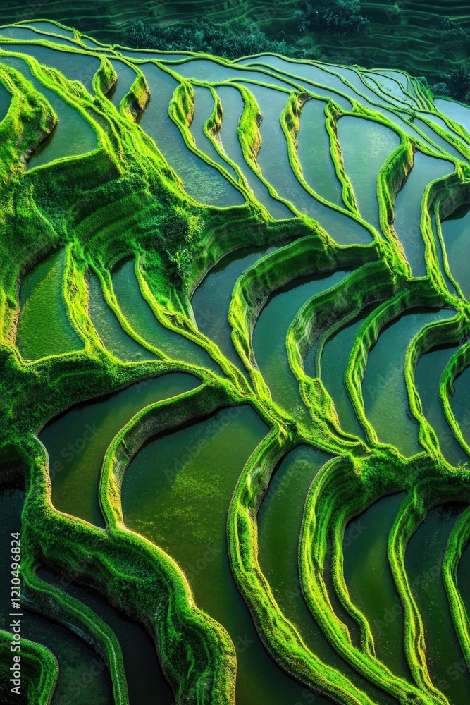Poster aerial view of terraced rice fields their undulating curves creating mesmerizing abstract pattern