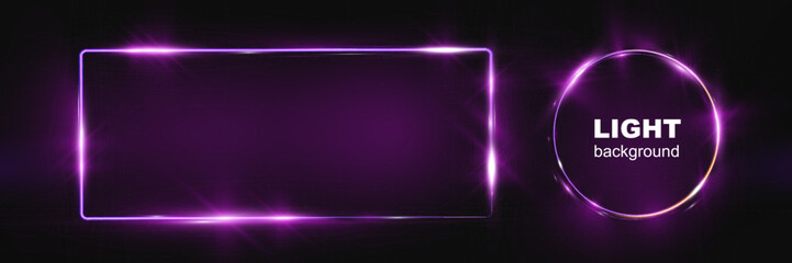 Neon banner vector collection featuring glowing purple neon shapes including hexagon, rectangle, triangle, circle, and other frames on dark transparent background.