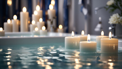 A close-up of lit candles floating in a tub of water. The image conveys relaxation and is shown as part of a stock media upload page.