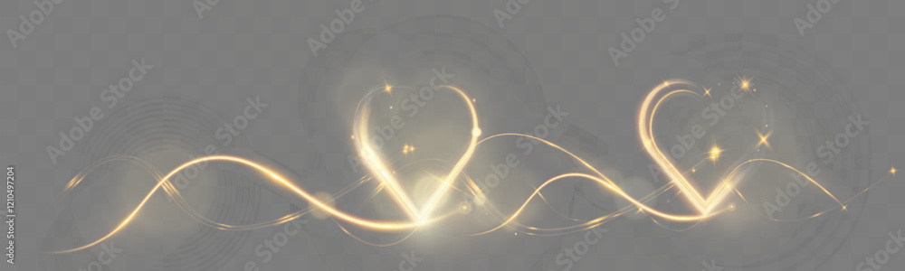 Poster golden glowing light trail forming a heart shape with sparkles and smooth curves at background, symb