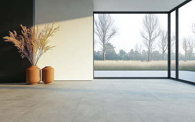 Modern interior design featuring minimalist decor and large windows with scenic view